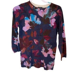 Talbots Womens Size M 100% Pure Cashmere Navy Blue Floral 3/4 Sleeve Sweater